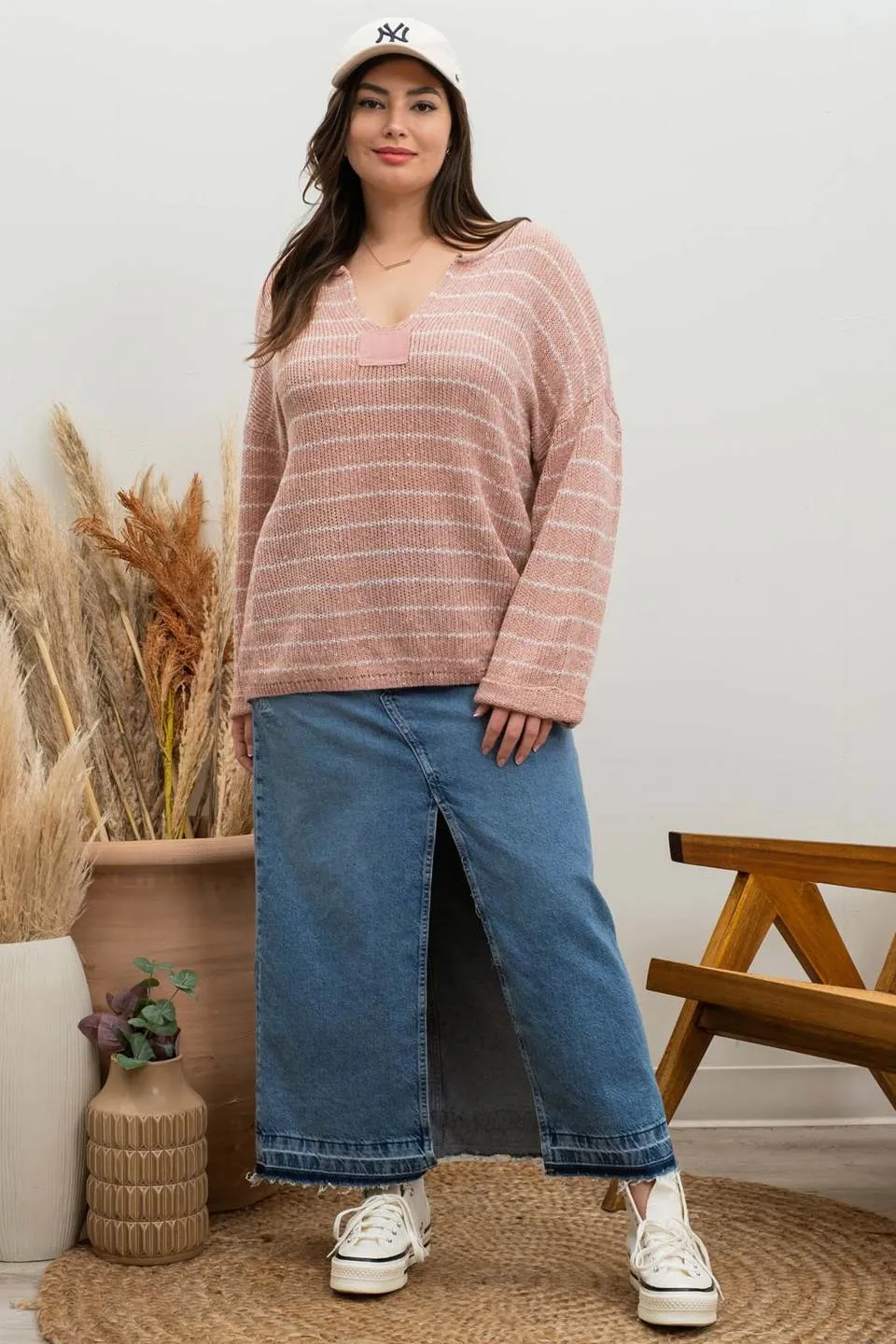 PLUS STRIPED DROP SHOULDER KNIT SWEATER sold by Blu Pepper product image thumbnail 5