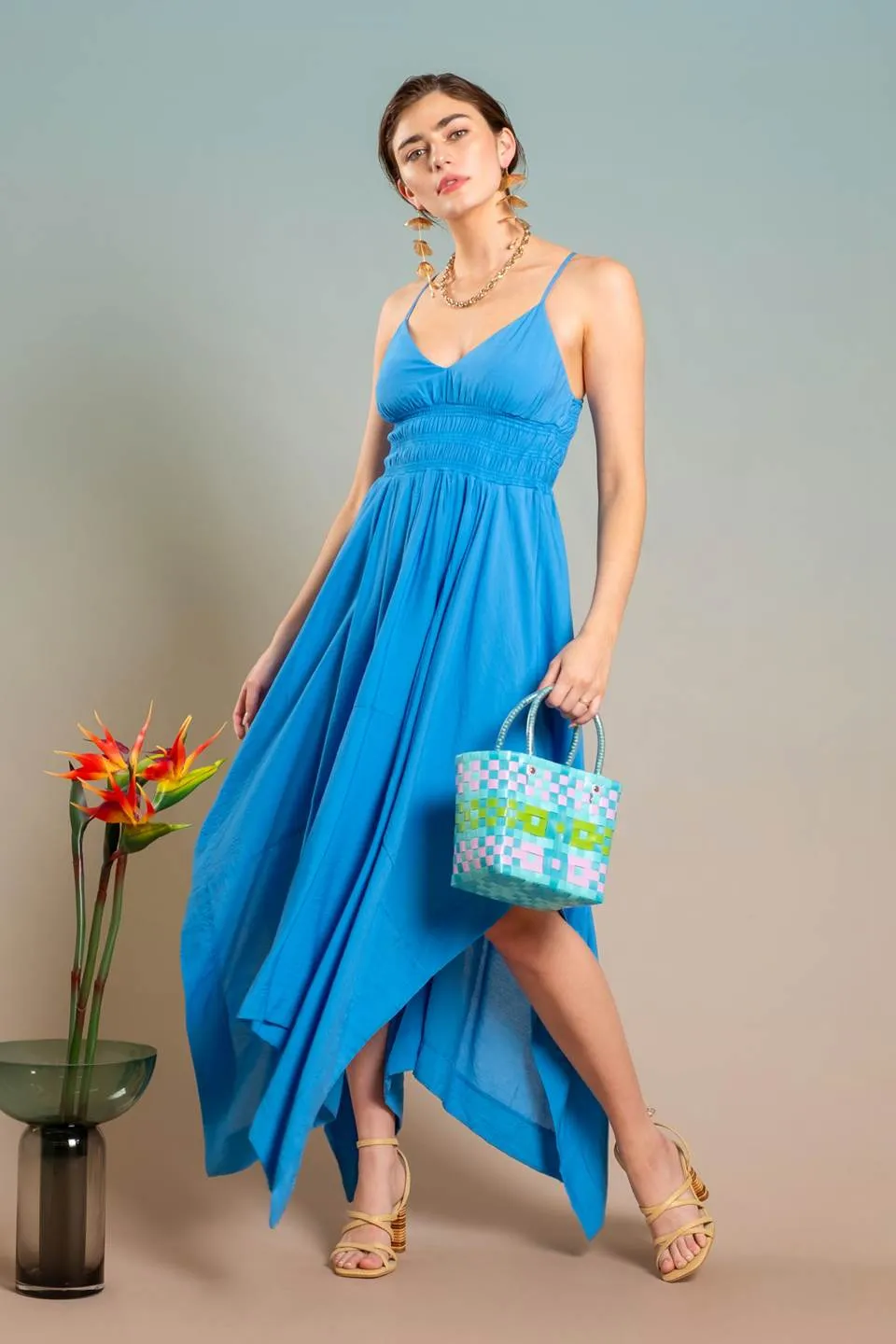 V NECK HANDKERCHIEF HEM SLEEVELESS MIDI DRESS sold by Blu Pepper