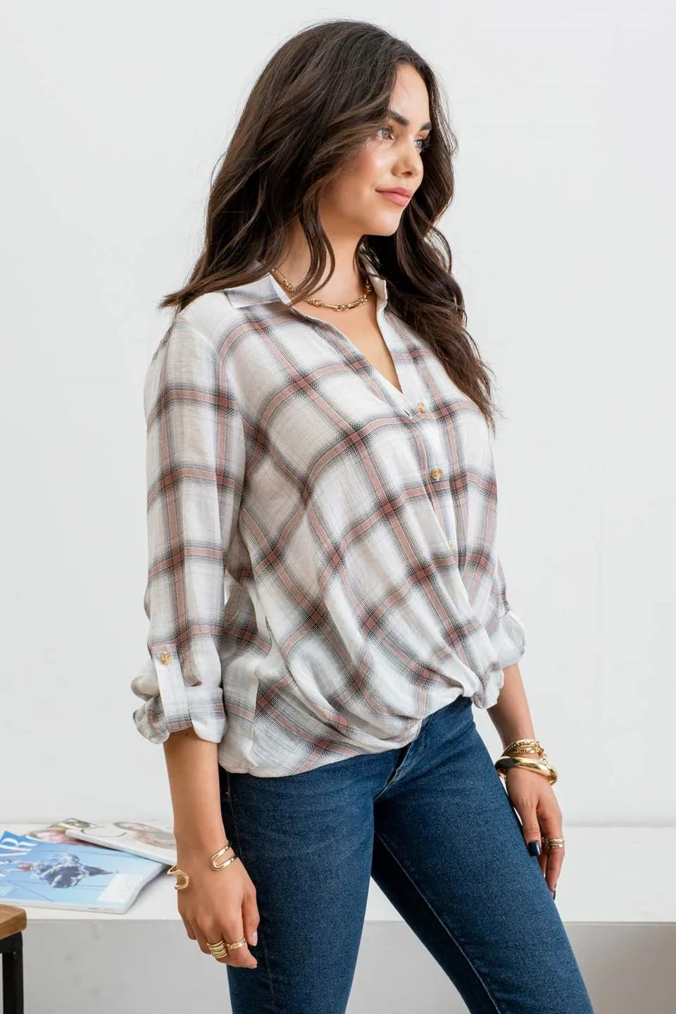 PLAID BUTTON DOWN WRAP 3/4 SLEEVE SHIRT sold by Blu Pepper product image thumbnail 3