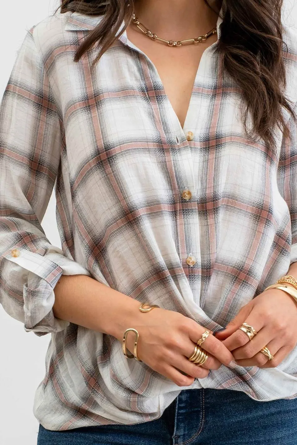 PLAID BUTTON DOWN WRAP 3/4 SLEEVE SHIRT sold by Blu Pepper product image thumbnail 4