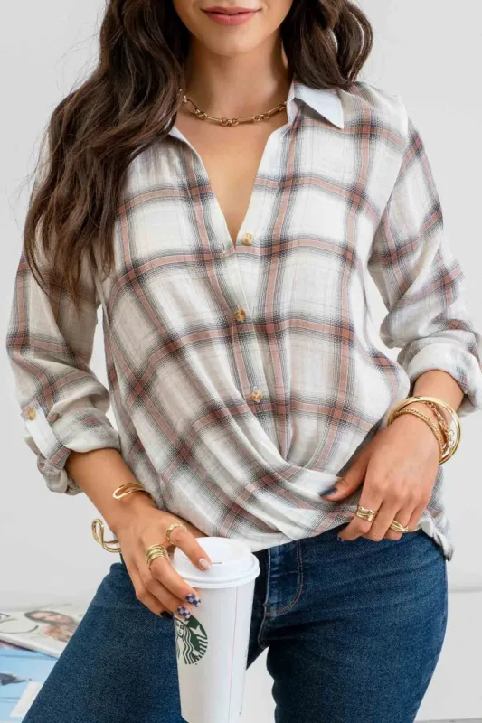 PLAID BUTTON DOWN WRAP 3/4 SLEEVE SHIRT sold by Blu Pepper