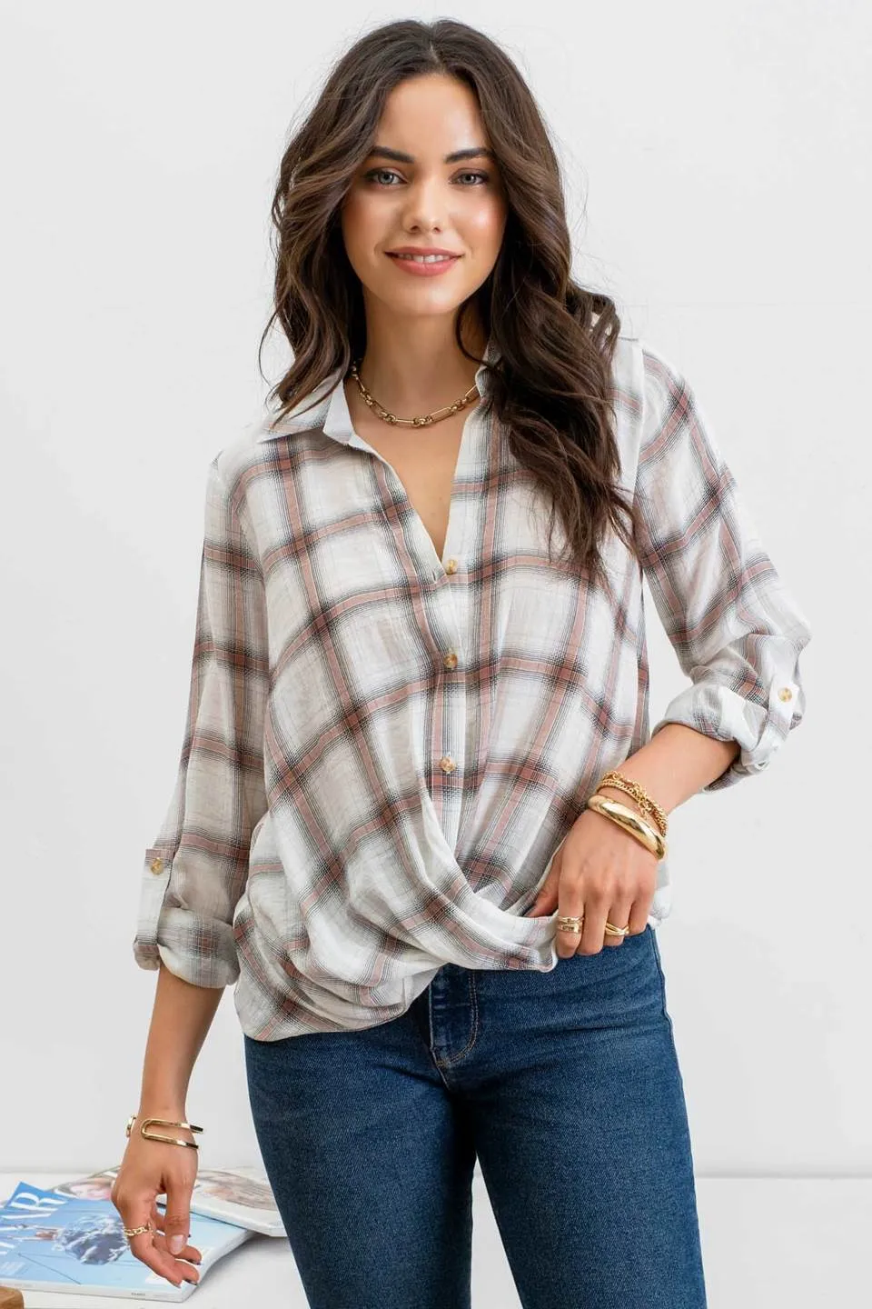 PLAID BUTTON DOWN WRAP 3/4 SLEEVE SHIRT sold by Blu Pepper product image thumbnail 5