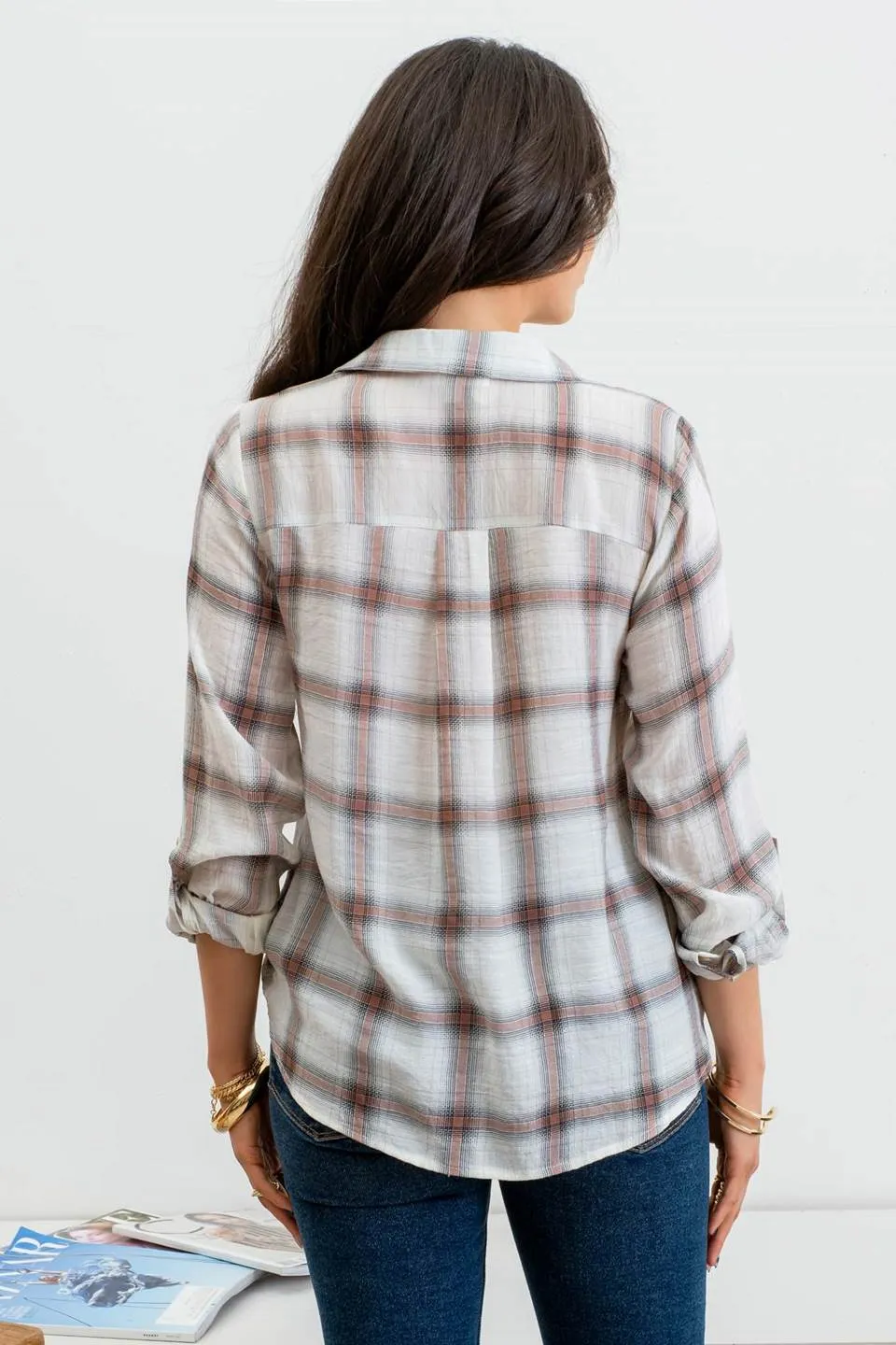 PLAID BUTTON DOWN WRAP 3/4 SLEEVE SHIRT sold by Blu Pepper product image thumbnail 2