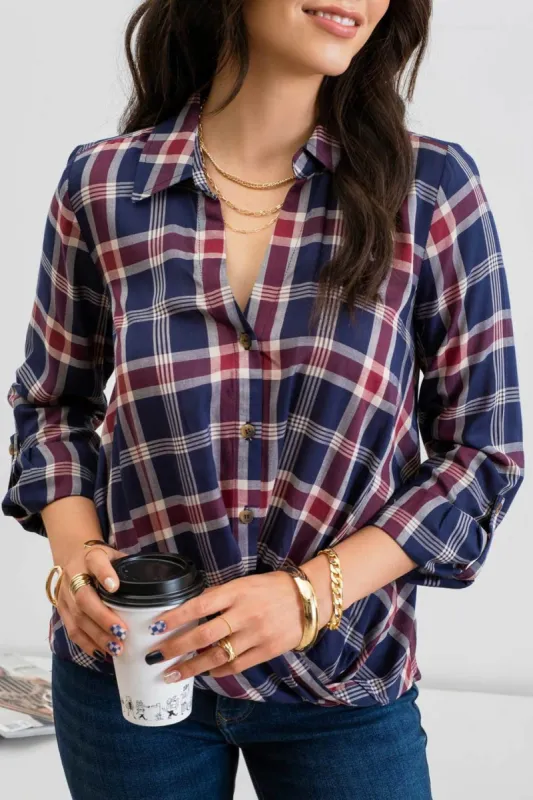PLAID BUTTON DOWN WRAP FRONT TOP sold by Blu Pepper