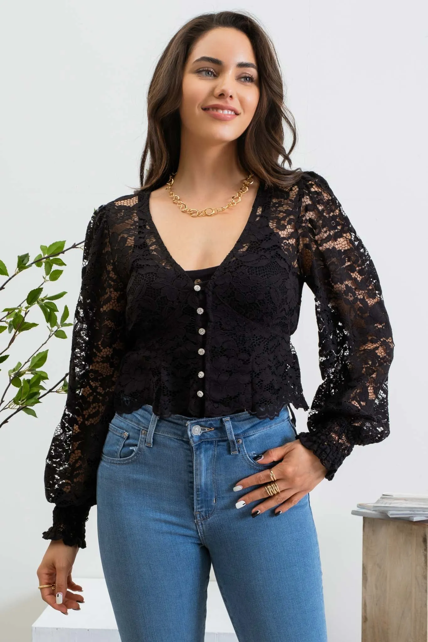 LACE BUTTON DOWN LONG SLEEVE CROP TOP sold by Blu Pepper product image thumbnail 5