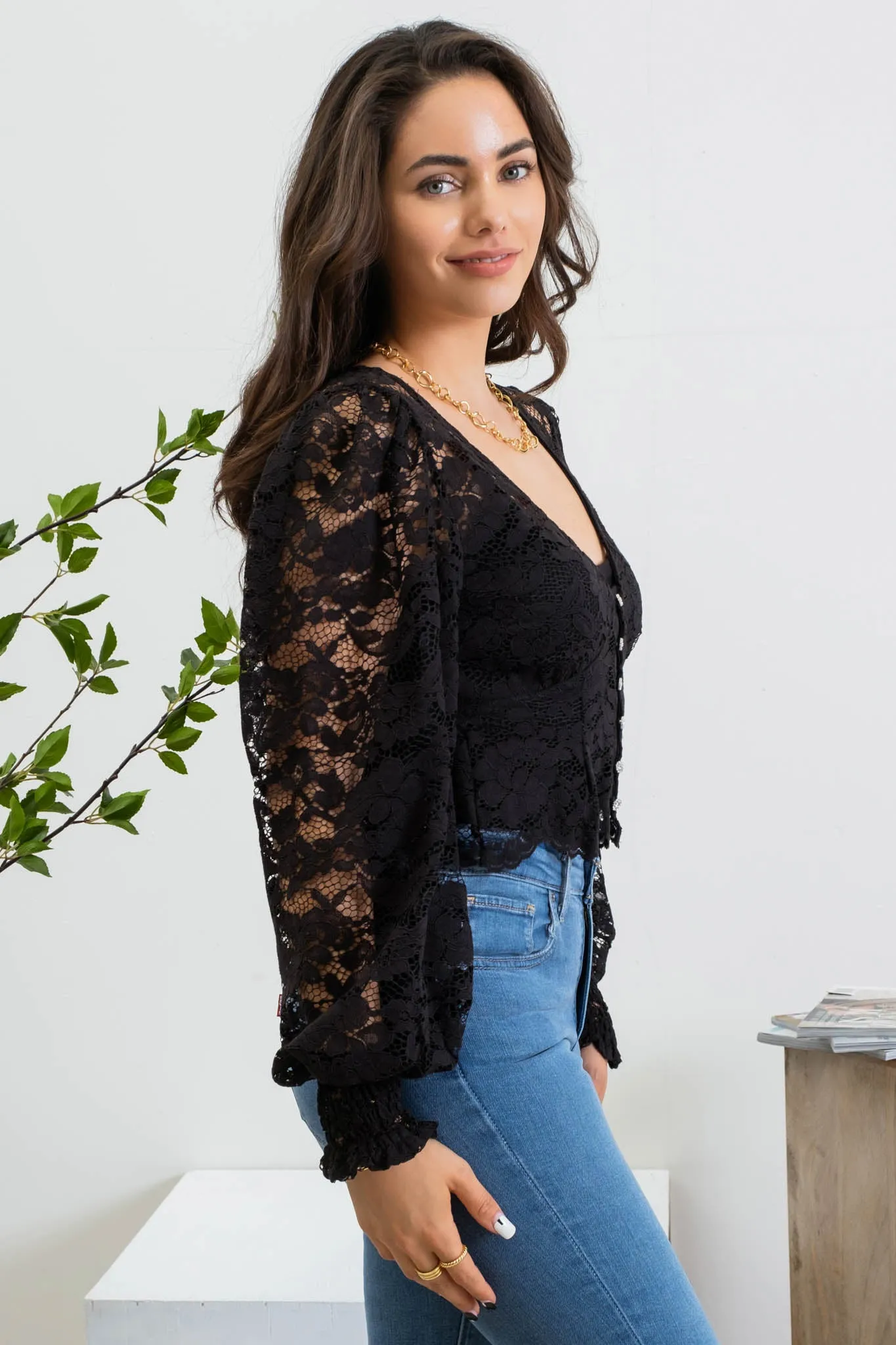 LACE BUTTON DOWN LONG SLEEVE CROP TOP sold by Blu Pepper product image thumbnail 3