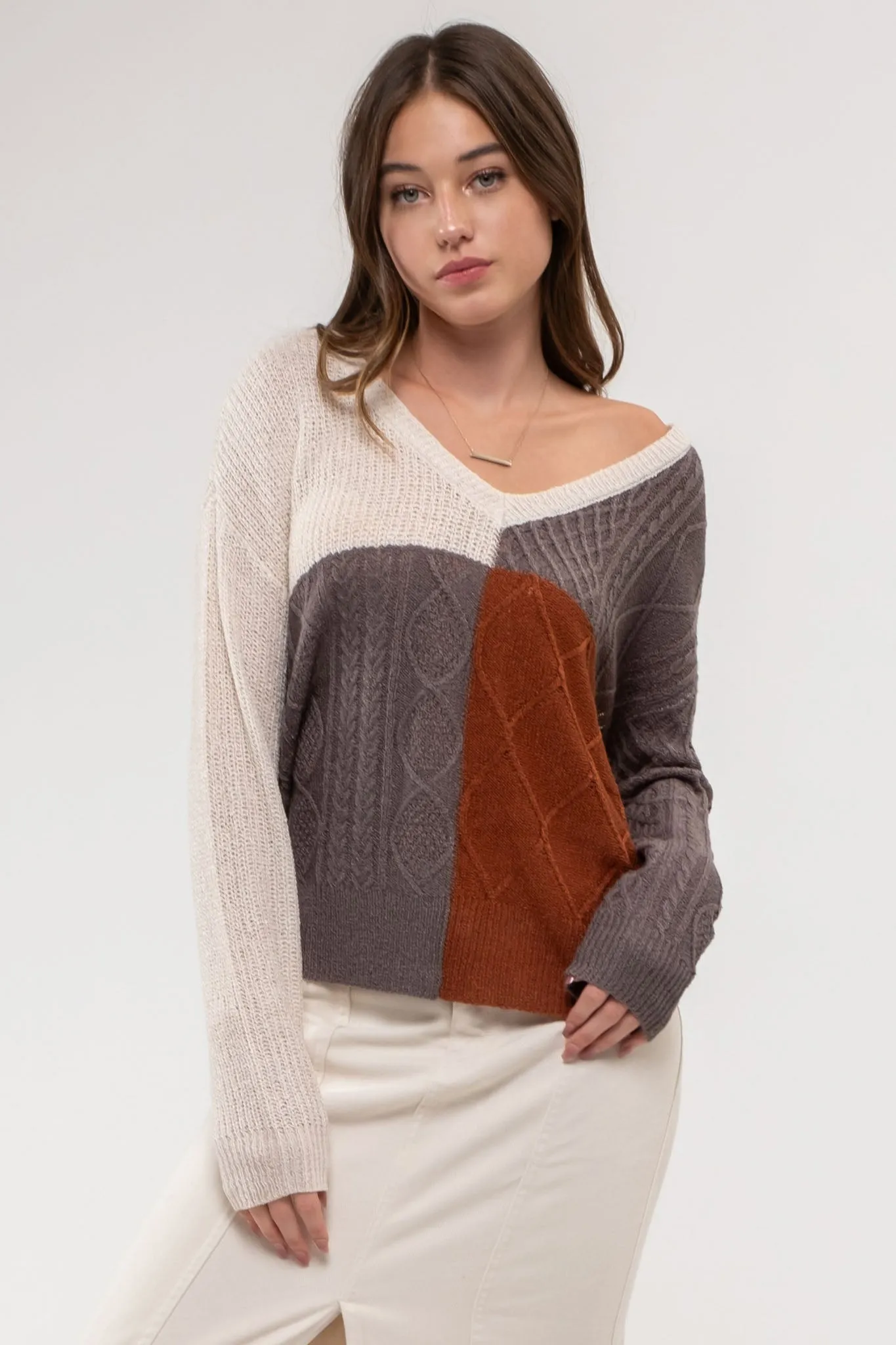 LIGHT-WEIGHT COLORBLOCK KNIT sold by Blu Pepper