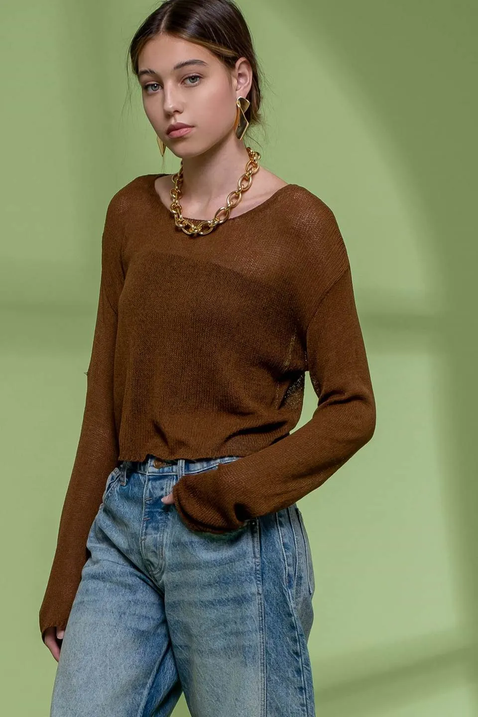 SHEER KNIT CROPPED PULLOVER SWEATER sold by Blu Pepper