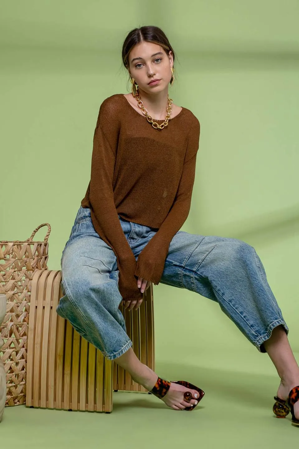 SHEER KNIT CROPPED PULLOVER SWEATER sold by Blu Pepper product image thumbnail 3