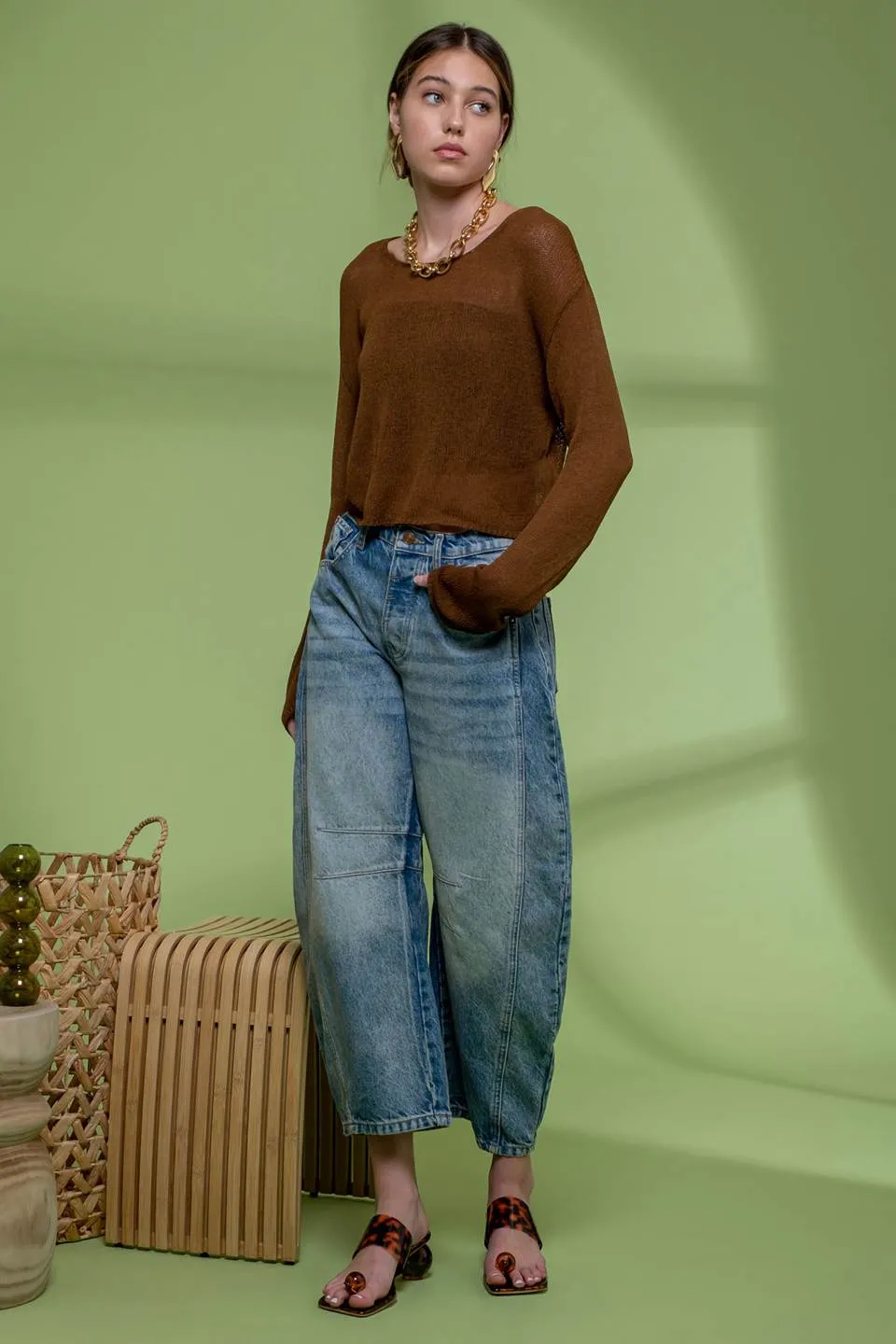 SHEER KNIT CROPPED PULLOVER SWEATER sold by Blu Pepper product image thumbnail 4
