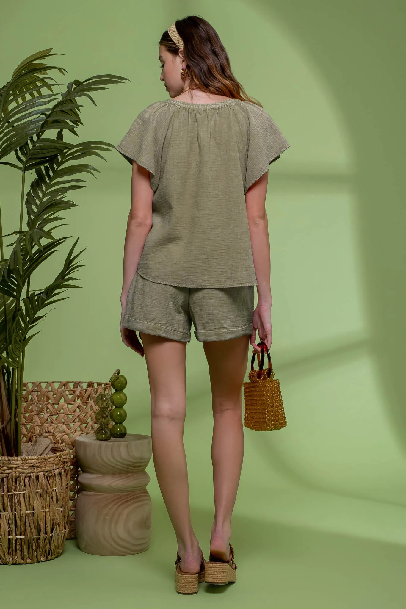 WASHED SPLIT NECK FLUTTER SLEEVE TOP sold by Blu Pepper product image thumbnail 4