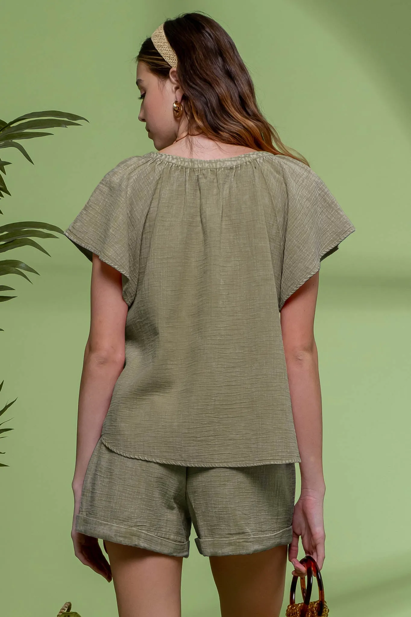 WASHED SPLIT NECK FLUTTER SLEEVE TOP sold by Blu Pepper product image thumbnail 2