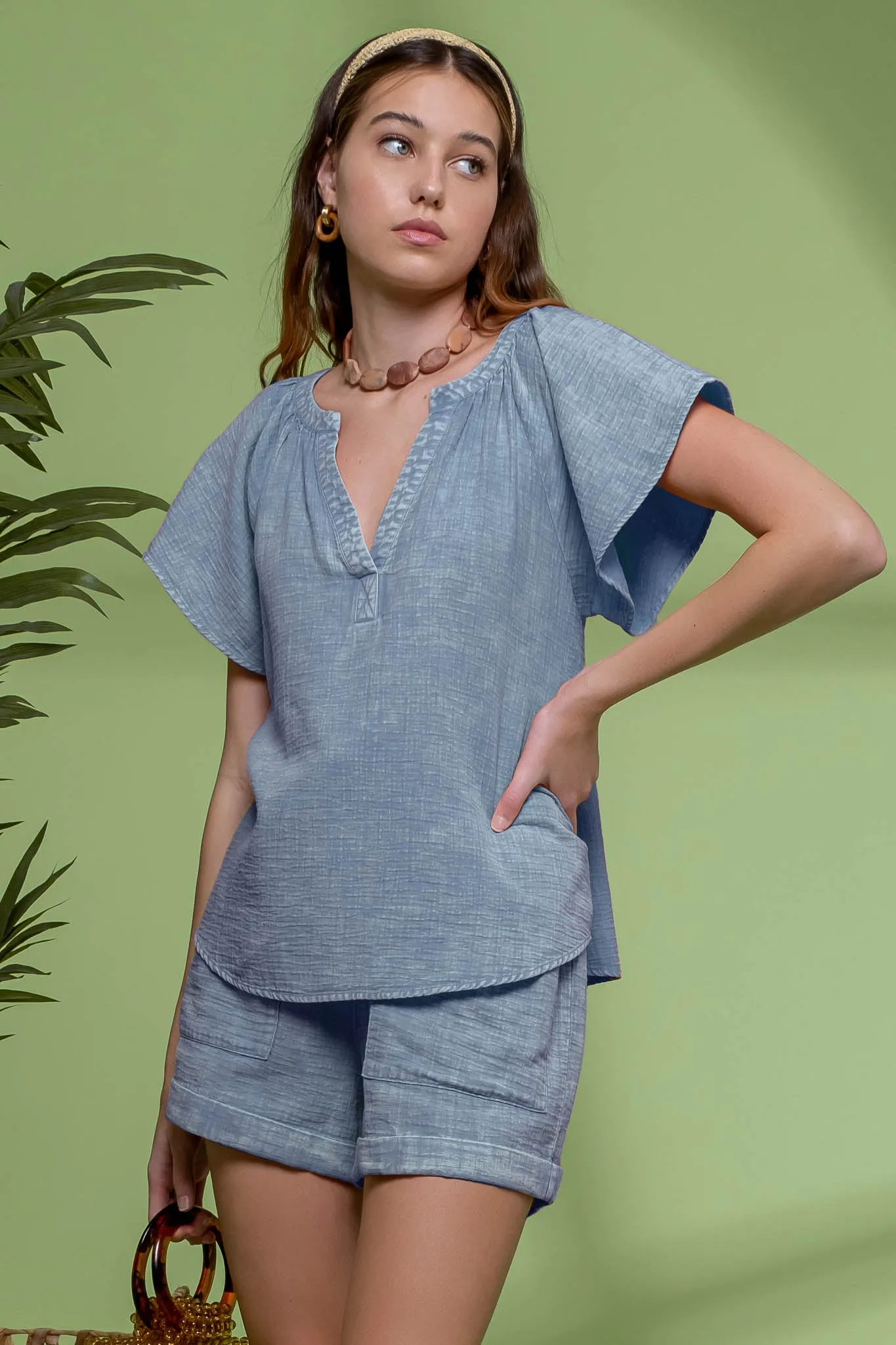 WASHED SPLIT NECK FLUTTER SLEEVE TOP sold by Blu Pepper product image thumbnail 5