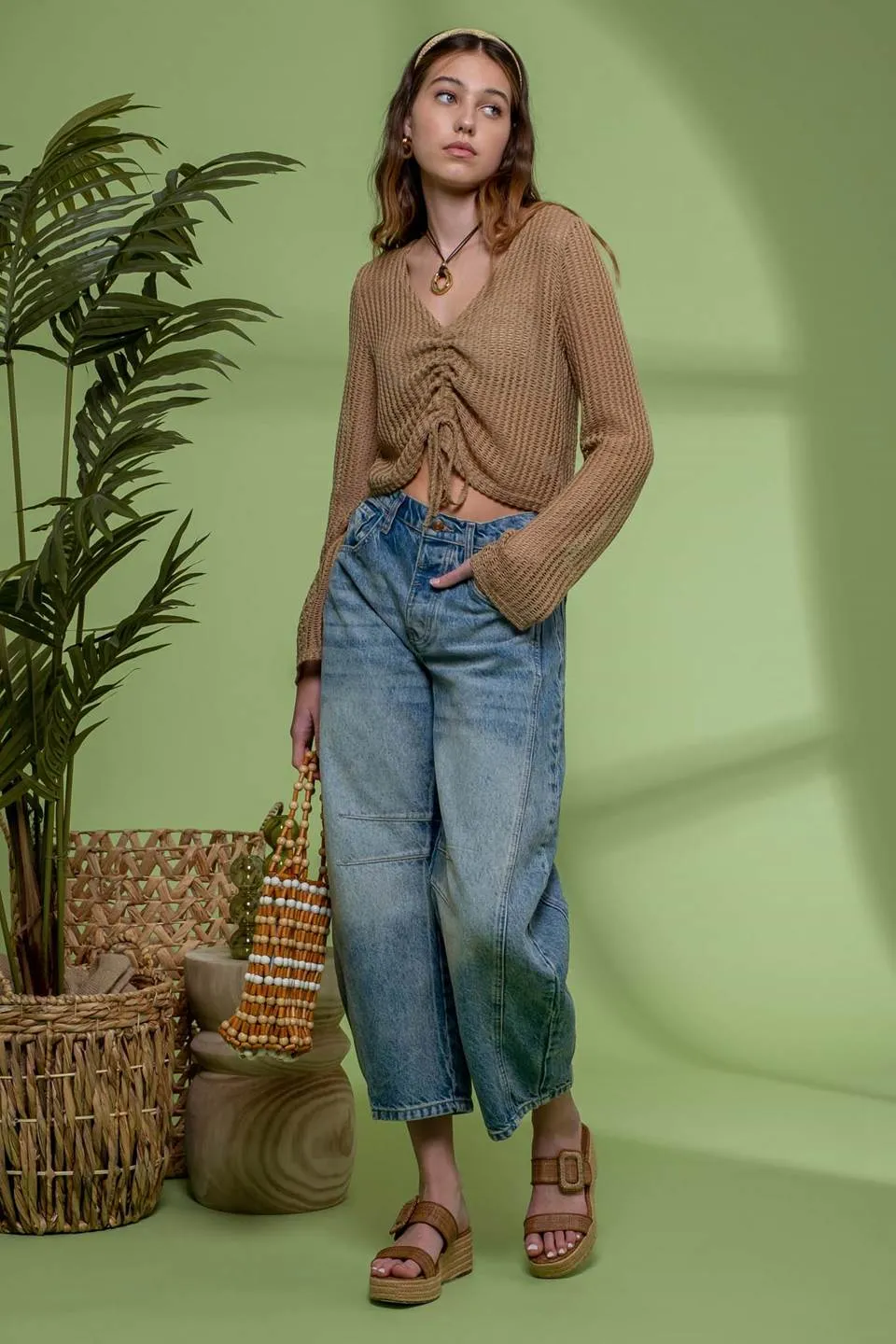DRAWSTRING LONG SLEEVE SHEER CROCHET TOP sold by Blu Pepper product image thumbnail 3