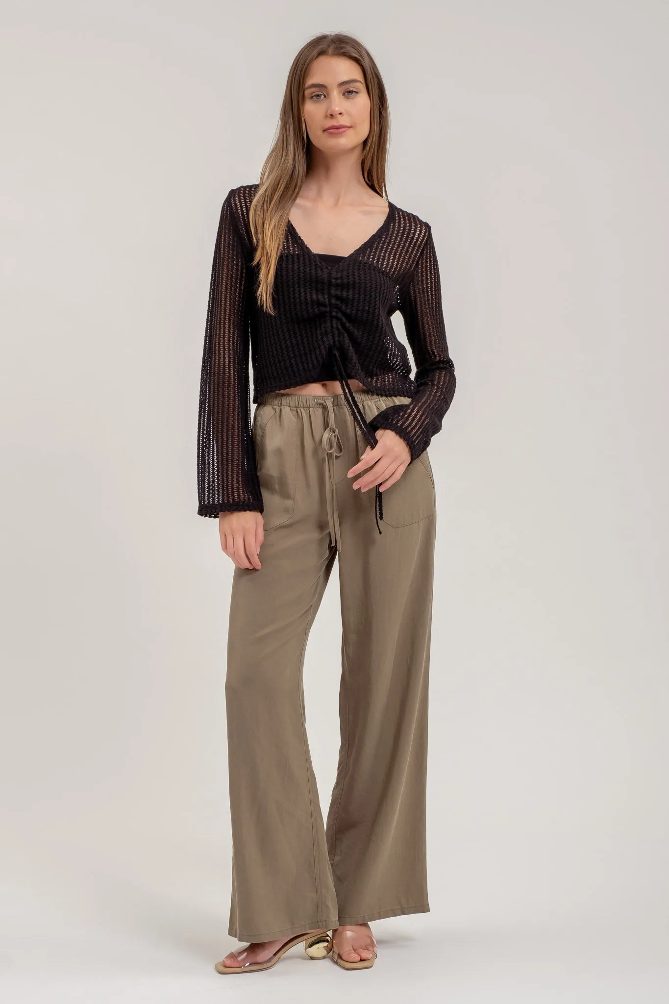 DRAWSTRING LONG SLEEVE SHEER CROCHET TOP sold by Blu Pepper product image thumbnail 5