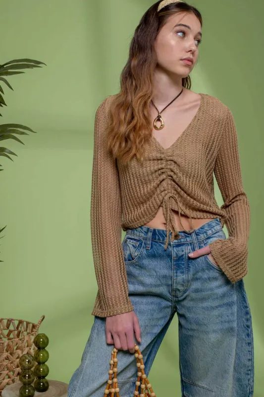 DRAWSTRING LONG SLEEVE SHEER CROCHET TOP sold by Blu Pepper