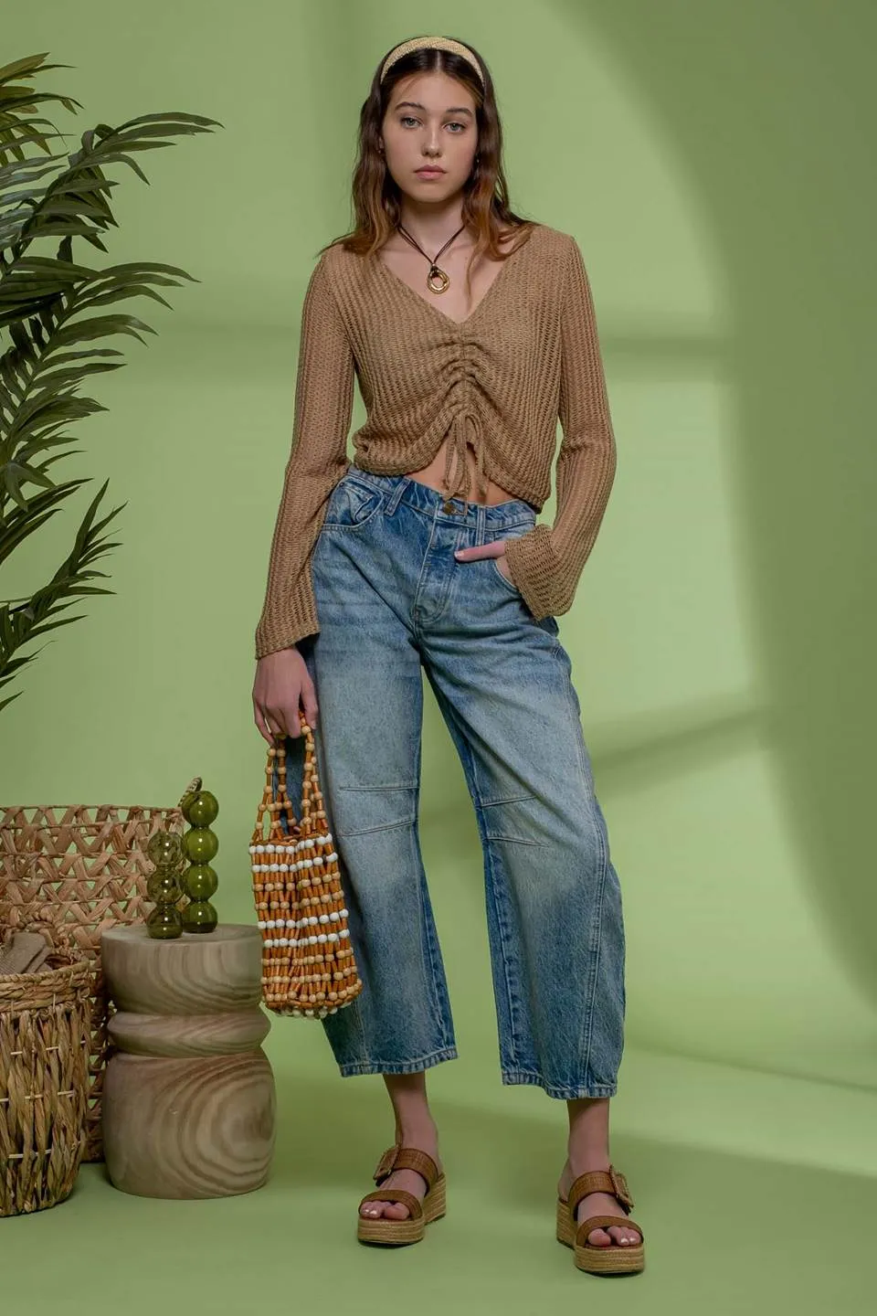 DRAWSTRING LONG SLEEVE SHEER CROCHET TOP sold by Blu Pepper product image thumbnail 4