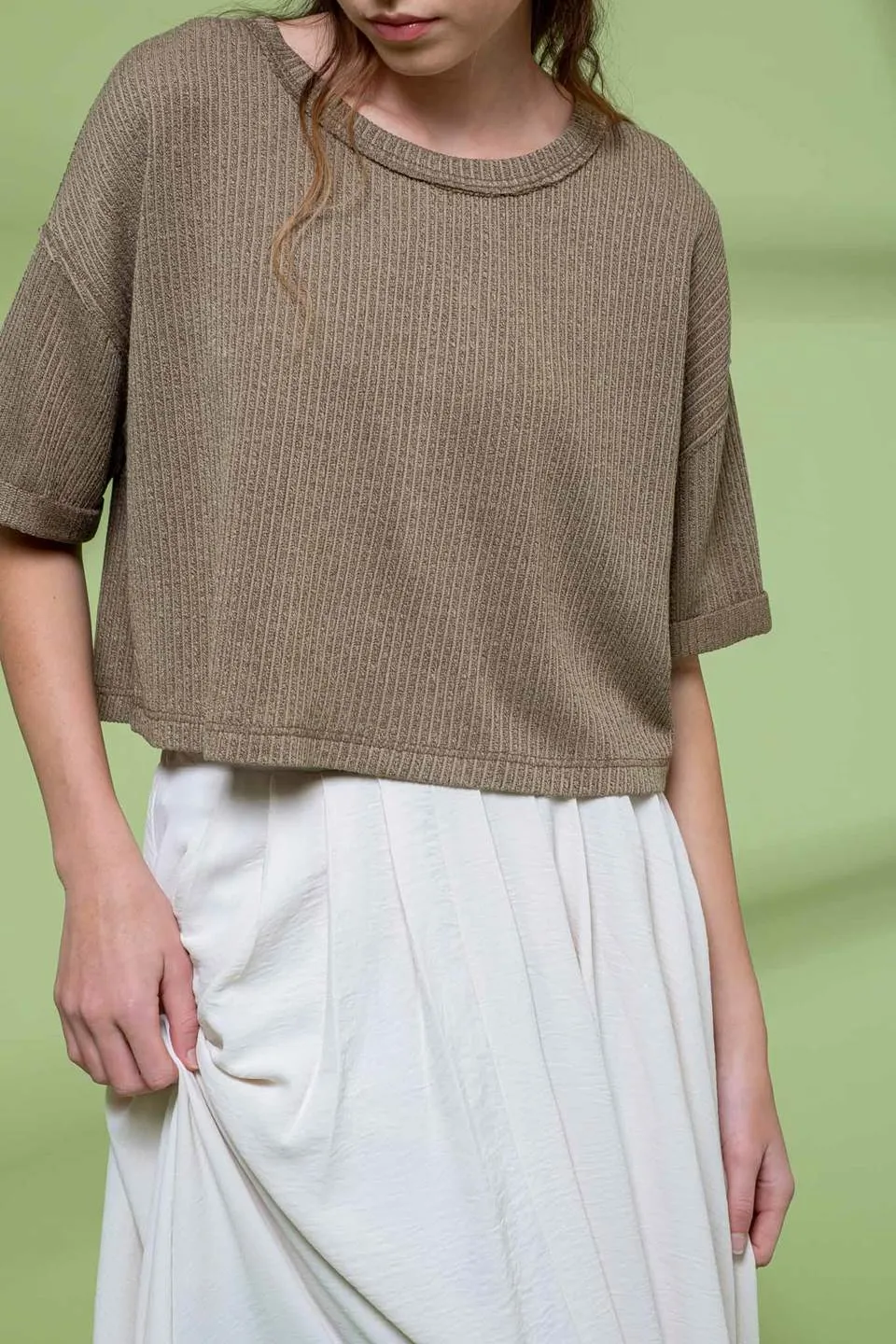 SHORT FOLD SLEEVE KNIT CROP TOP sold by Blu Pepper product image thumbnail 4