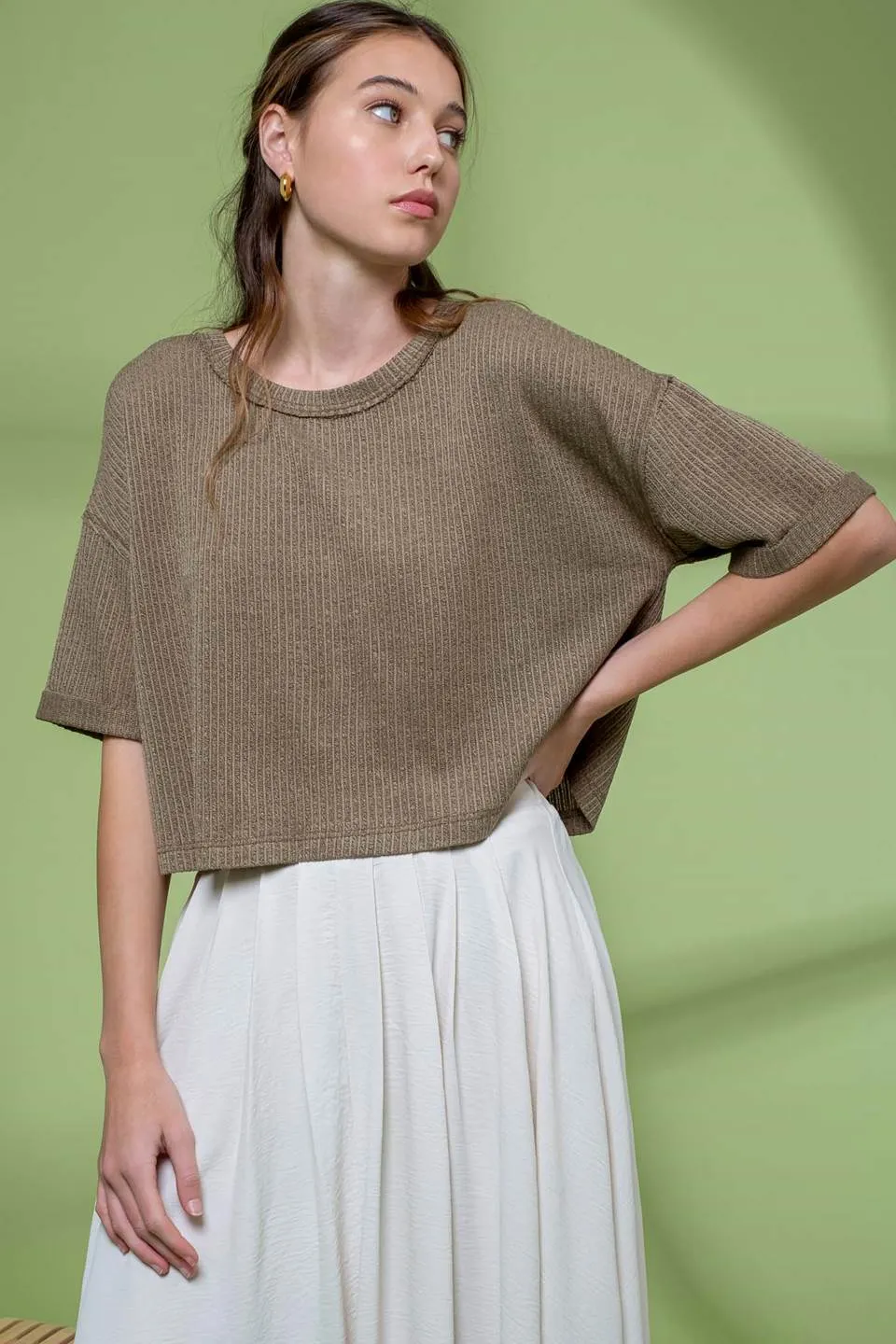 SHORT FOLD SLEEVE KNIT CROP TOP sold by Blu Pepper product image thumbnail 5