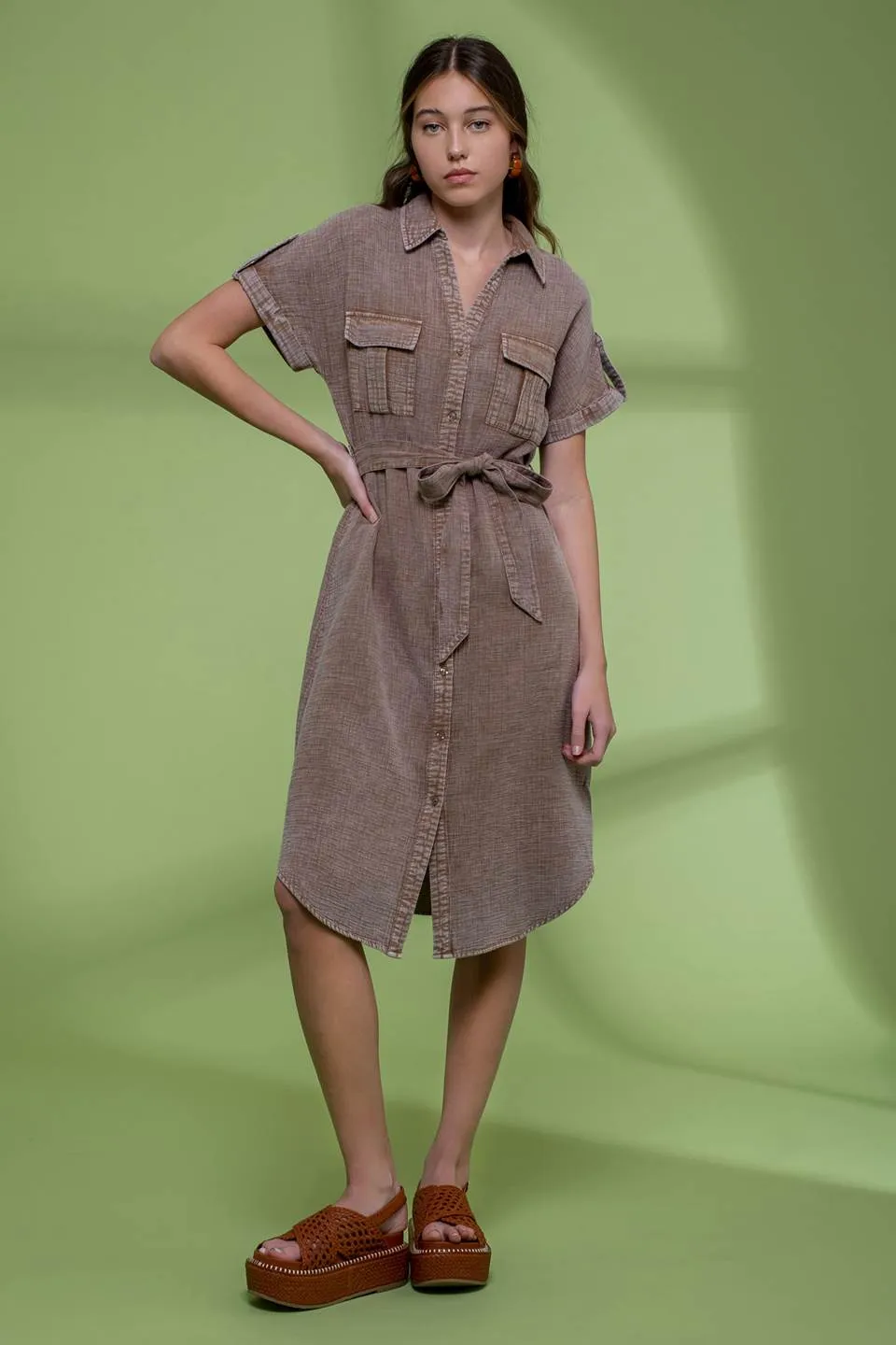 WASHED BUTTON DOWN BELTED MIDI DRESS sold by Blu Pepper product image thumbnail 4