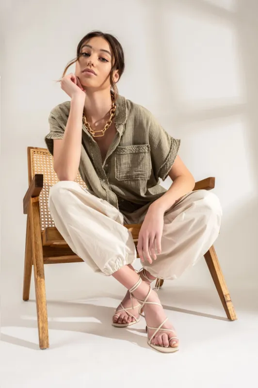 RAW EDGE FOLD SLEEVE BUTTON DOWN TOP sold by Blu Pepper