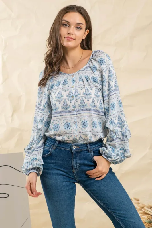 RUFFLED LONG SLEEVE WOVEN TOP sold by Blu Pepper