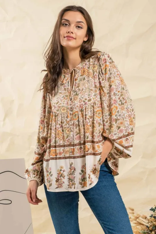 BORDER PRINT WOVEN TOP sold by Blu Pepper