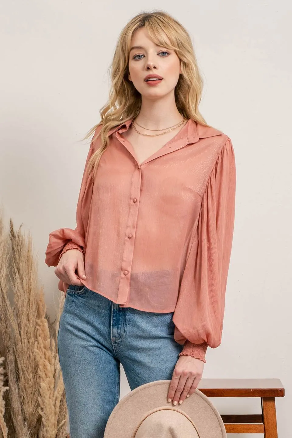 SOLID BUTTON UP BLOUSE sold by Blu Pepper product image thumbnail 4