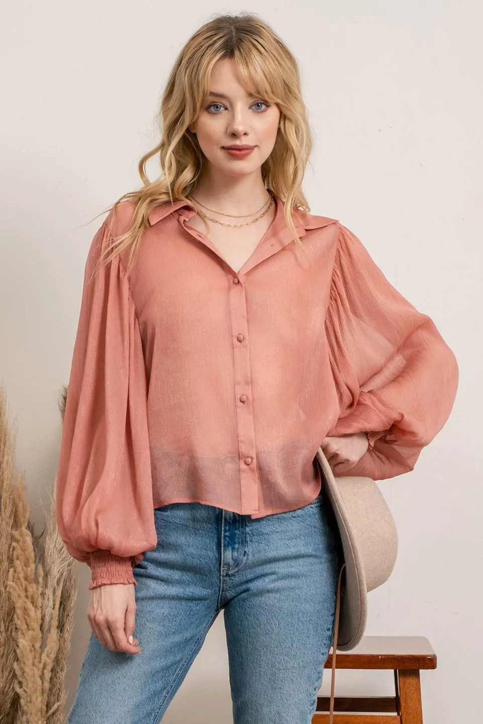 SOLID BUTTON UP BLOUSE sold by Blu Pepper