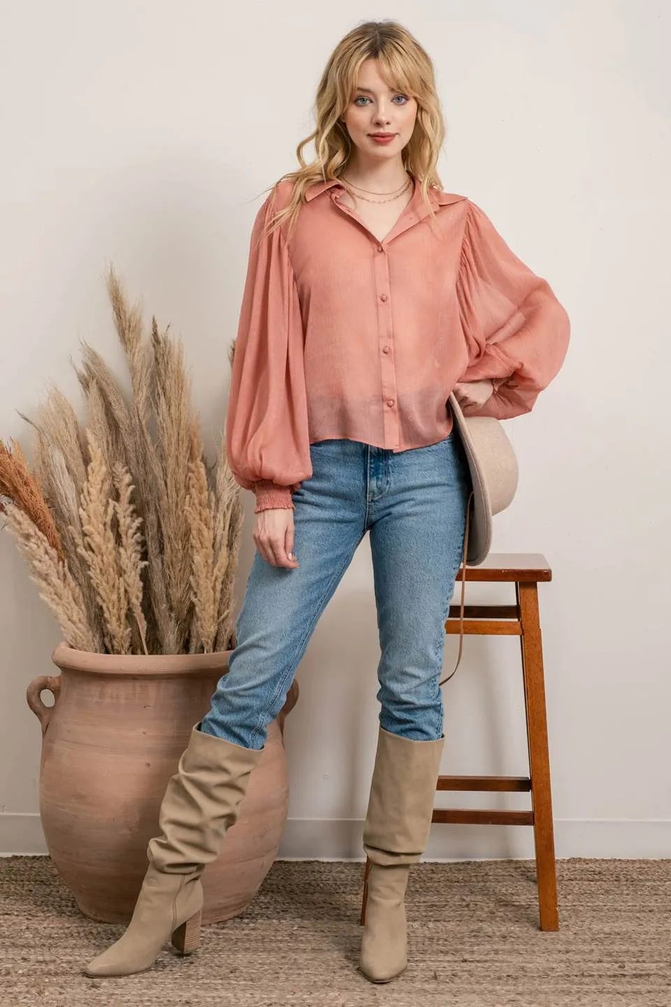 SOLID BUTTON UP BLOUSE sold by Blu Pepper product image thumbnail 5