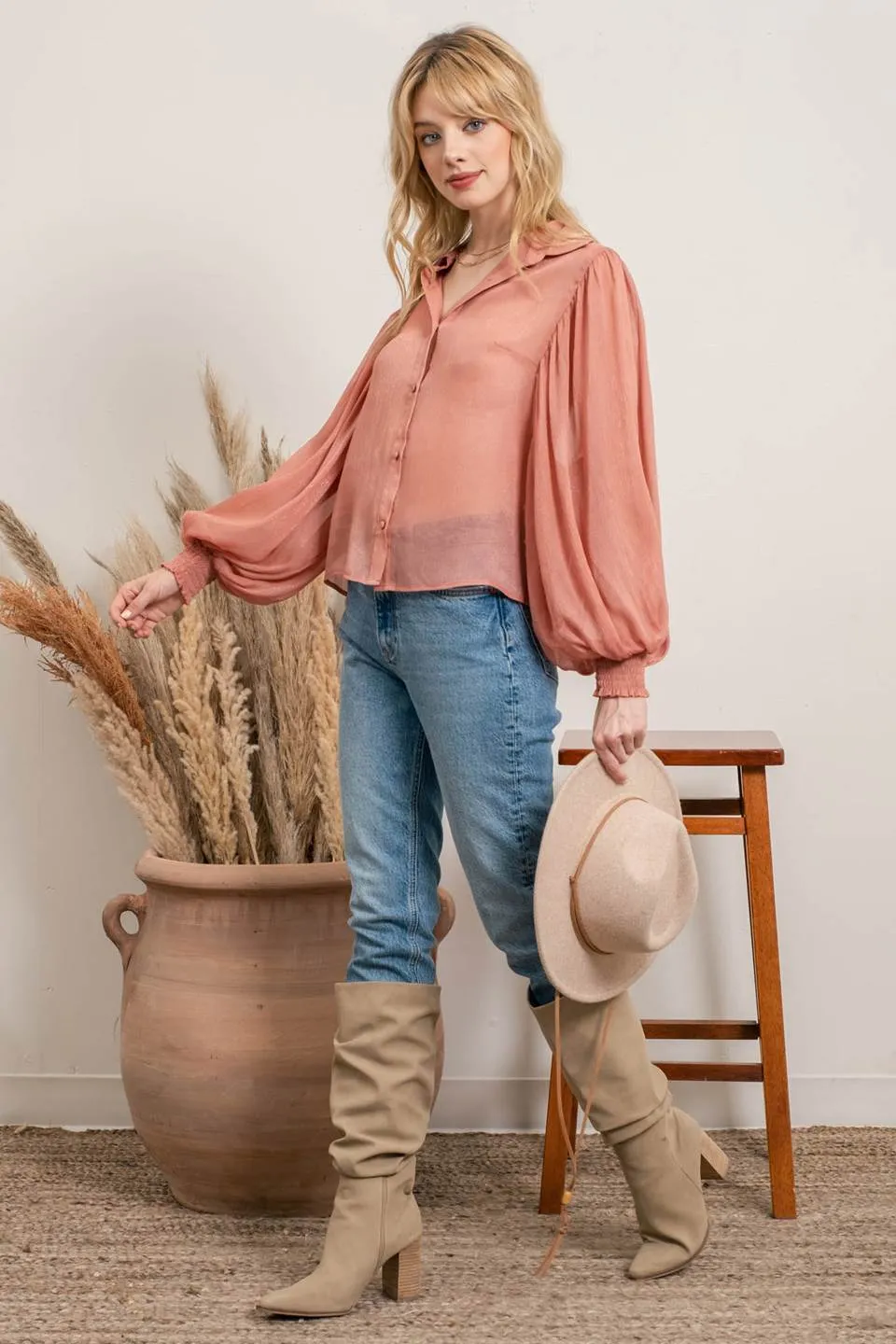 SOLID BUTTON UP BLOUSE sold by Blu Pepper product image thumbnail 3