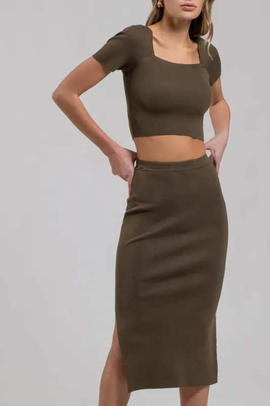 HIGH WAIST SIDE SLIT SWEATER KNIT MIDI SKIRT sold by Blu Pepper
