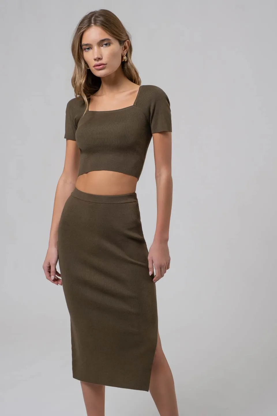 HIGH WAIST SIDE SLIT SWEATER KNIT MIDI SKIRT sold by Blu Pepper product image thumbnail 5
