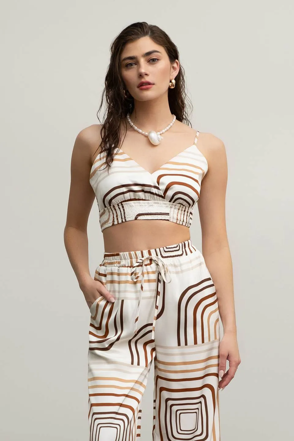 GEO PRINT SLEEVELESS SMOCKED WRAP CROP TOP sold by Blu Pepper product image thumbnail 4