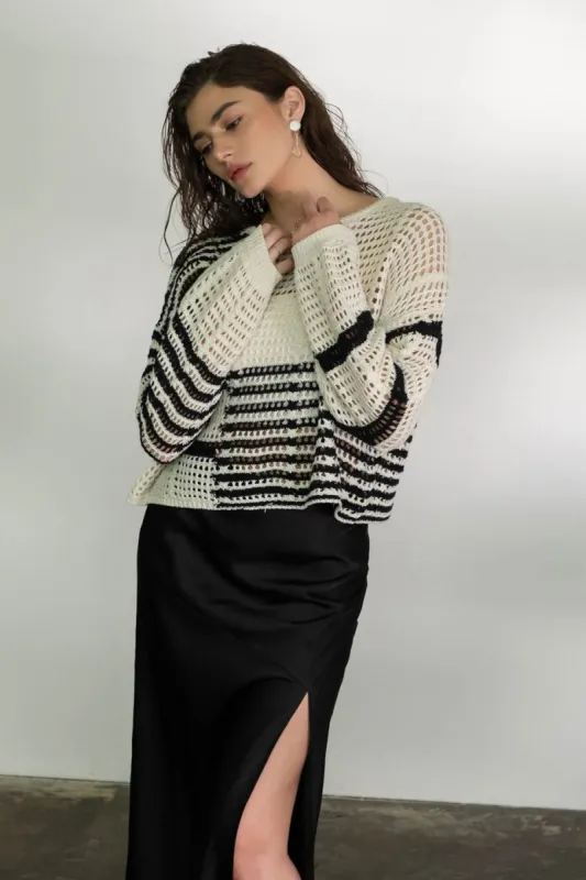 STRIPE COLORBLOCK CROCHET SHEER KNIT SWEATER sold by Blu Pepper