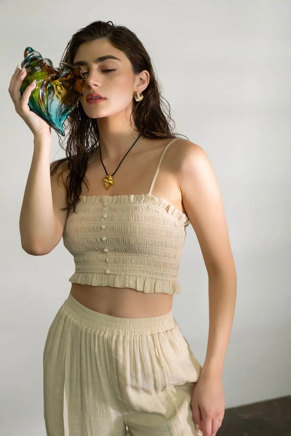 SMOCKED BUTTON DOWN SLEEVELESS CROP TOP sold by Blu Pepper product image thumbnail 4