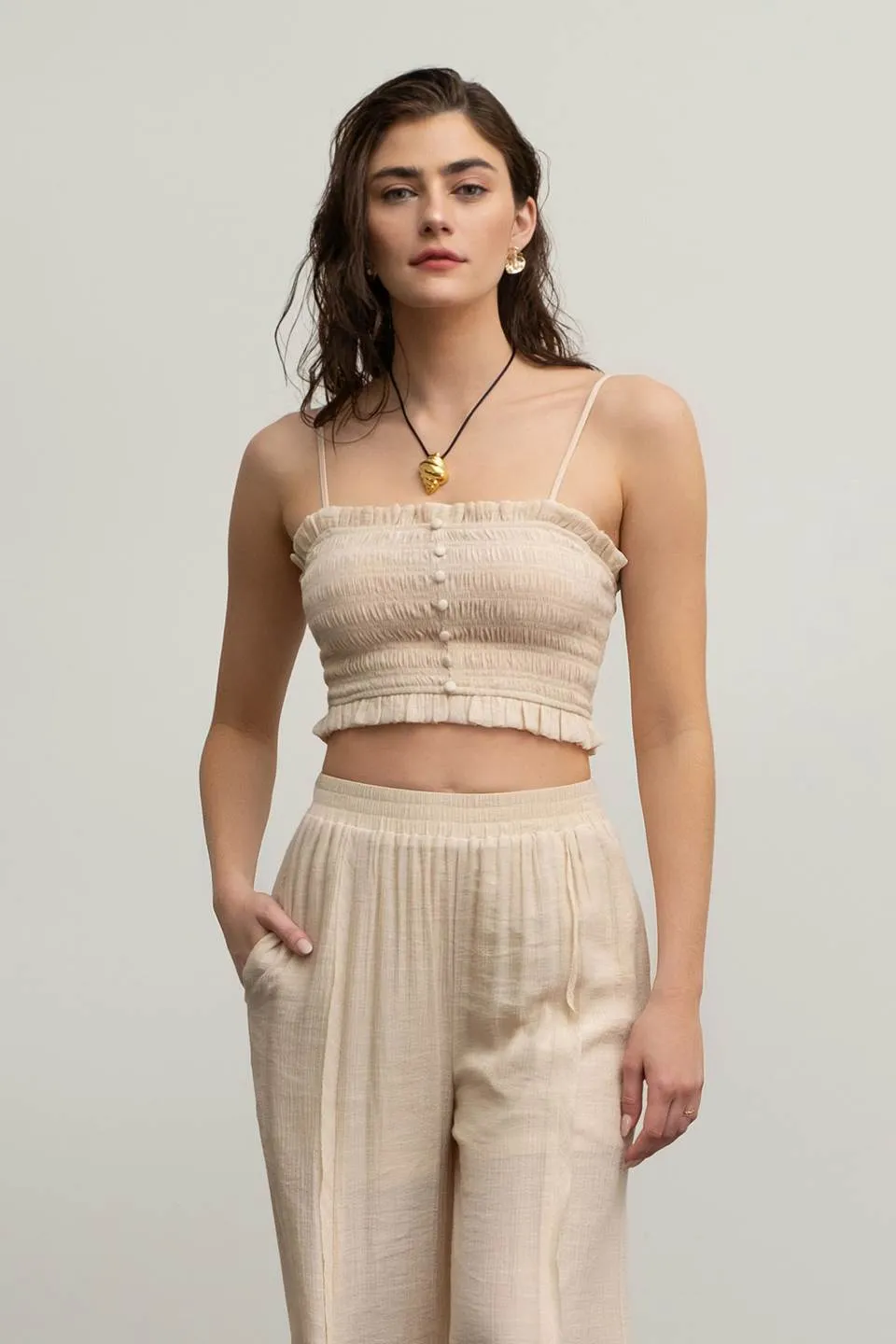 SMOCKED BUTTON DOWN SLEEVELESS CROP TOP sold by Blu Pepper product image thumbnail 5