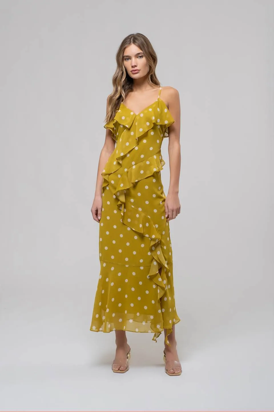 POLKA DOT RUFFLE WRAP SLEEVELESS MIDI DRESS sold by Blu Pepper product image thumbnail 5