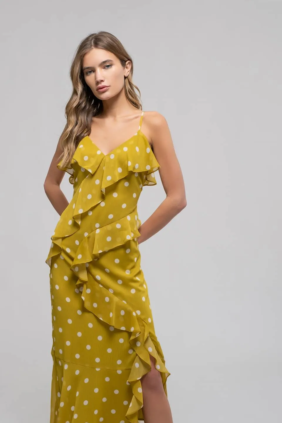 POLKA DOT RUFFLE WRAP SLEEVELESS MIDI DRESS sold by Blu Pepper