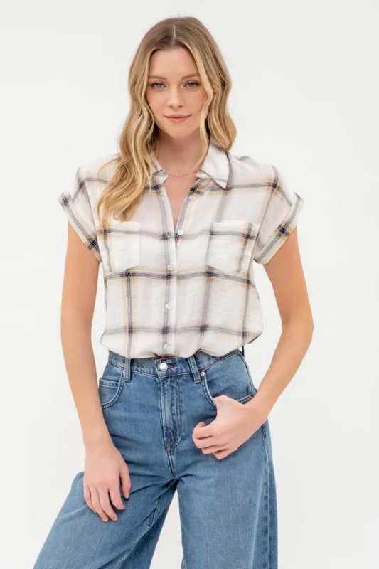 PLAID BUTTON DOWN COLLARED SHORT FOLD SLEEVE SHIRT sold by Blu Pepper