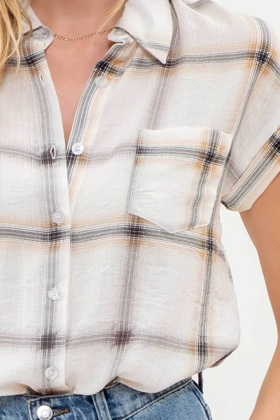 PLAID BUTTON DOWN COLLARED SHORT FOLD SLEEVE SHIRT sold by Blu Pepper product image thumbnail 4