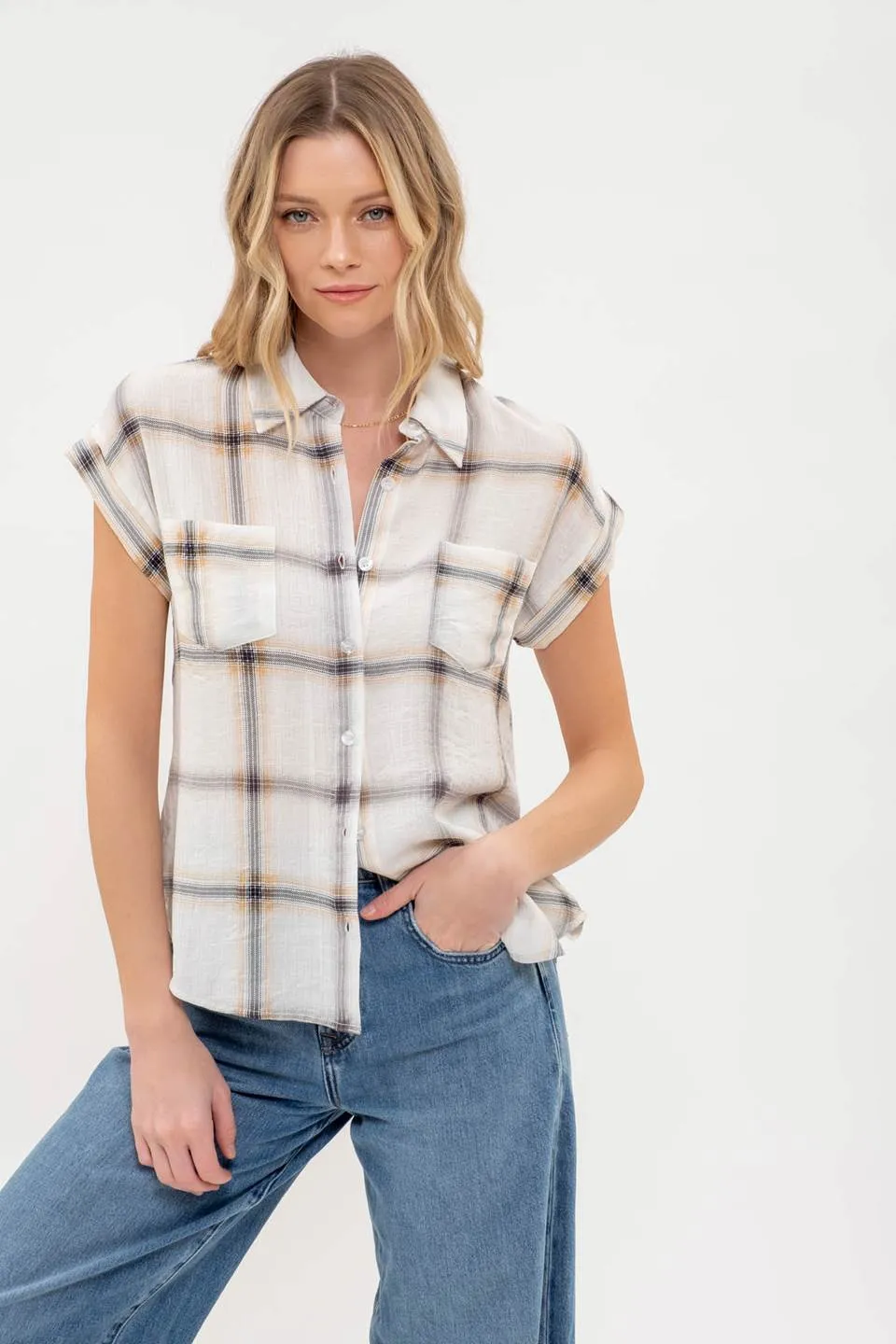 PLAID BUTTON DOWN COLLARED SHORT FOLD SLEEVE SHIRT sold by Blu Pepper product image thumbnail 5