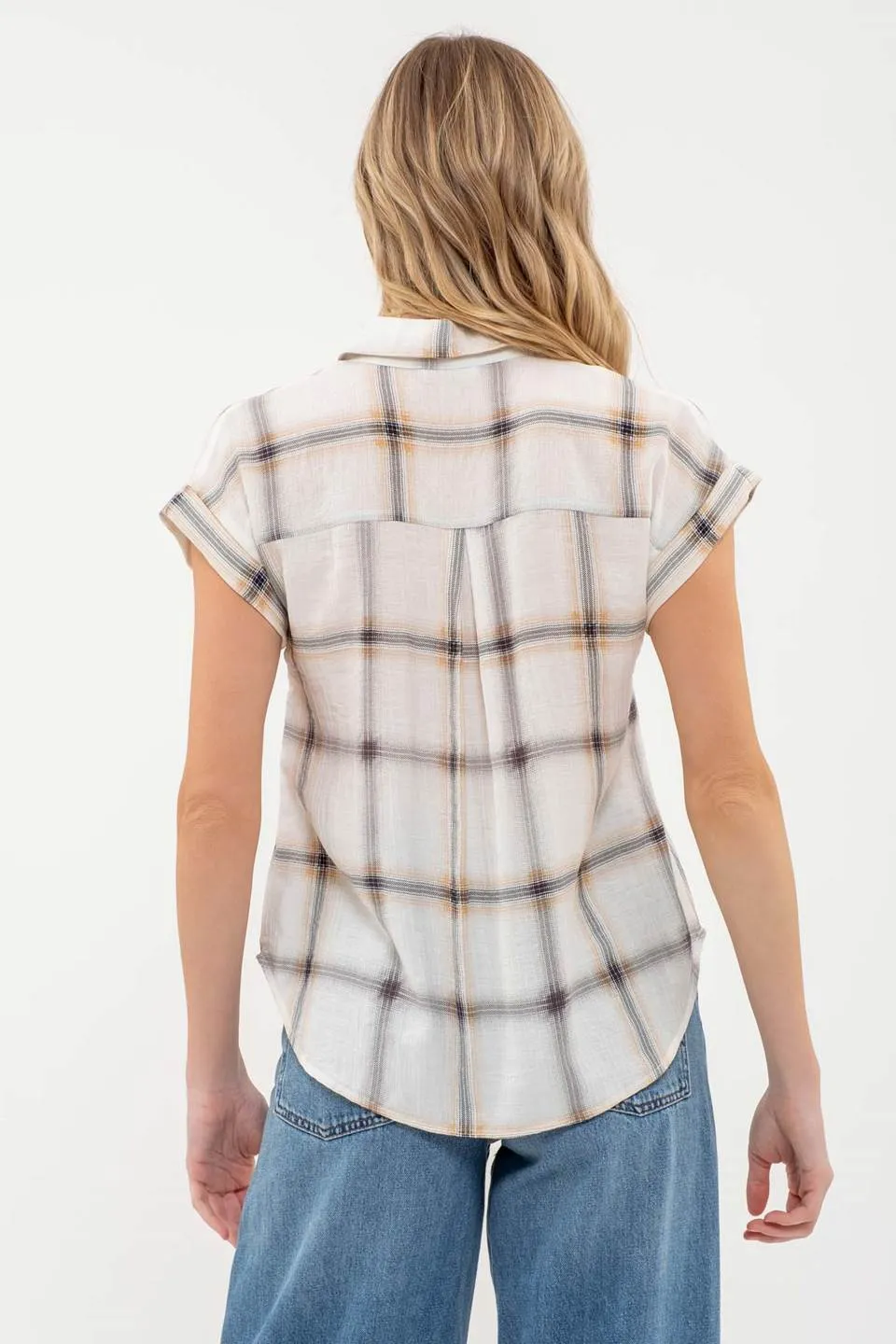 PLAID BUTTON DOWN COLLARED SHORT FOLD SLEEVE SHIRT sold by Blu Pepper product image thumbnail 2