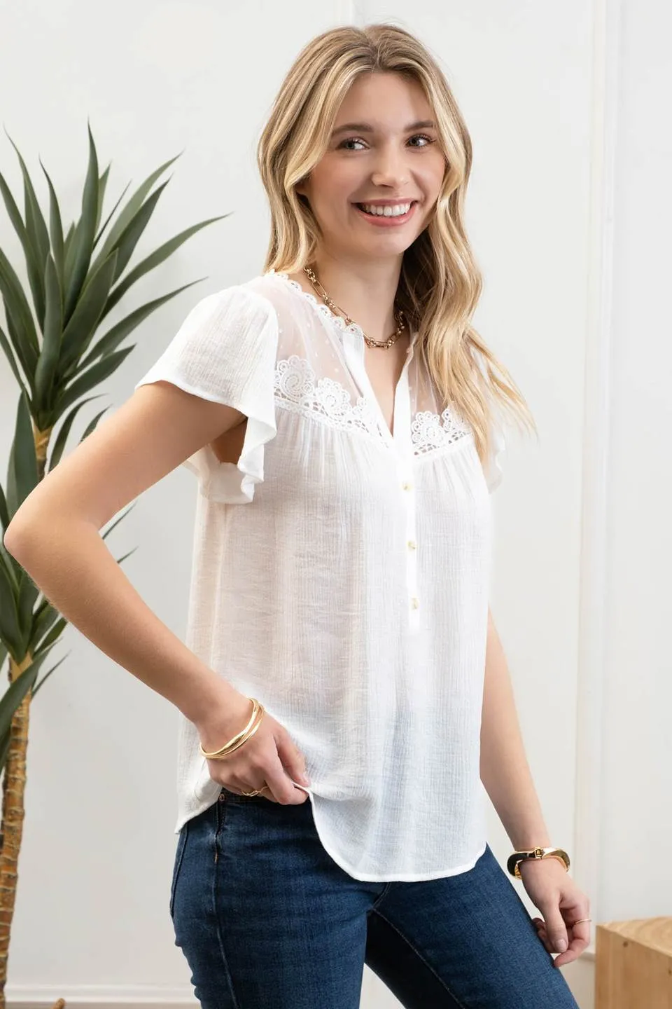 SPLIT NECK BUTTON DOWN SHEER LACE YOKE BLOUSE sold by Blu Pepper product image thumbnail 3