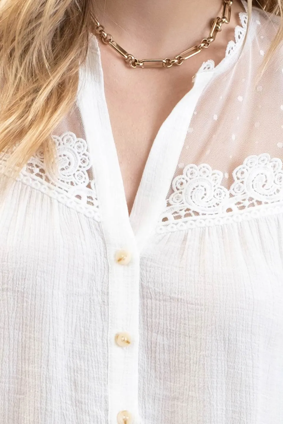 SPLIT NECK BUTTON DOWN SHEER LACE YOKE BLOUSE sold by Blu Pepper product image thumbnail 4