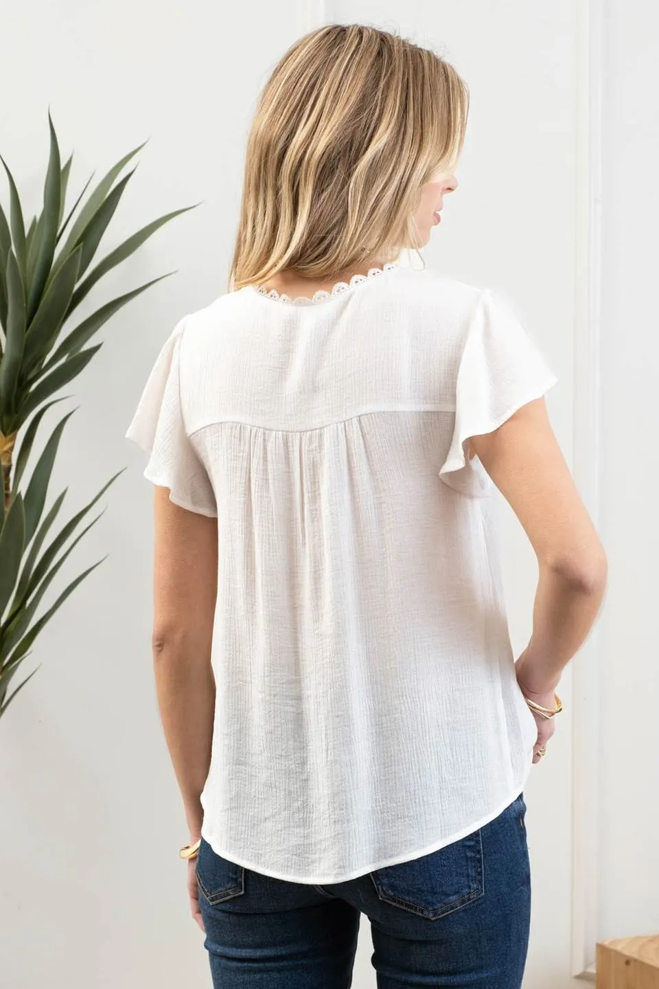 SPLIT NECK BUTTON DOWN SHEER LACE YOKE BLOUSE sold by Blu Pepper product image thumbnail 2