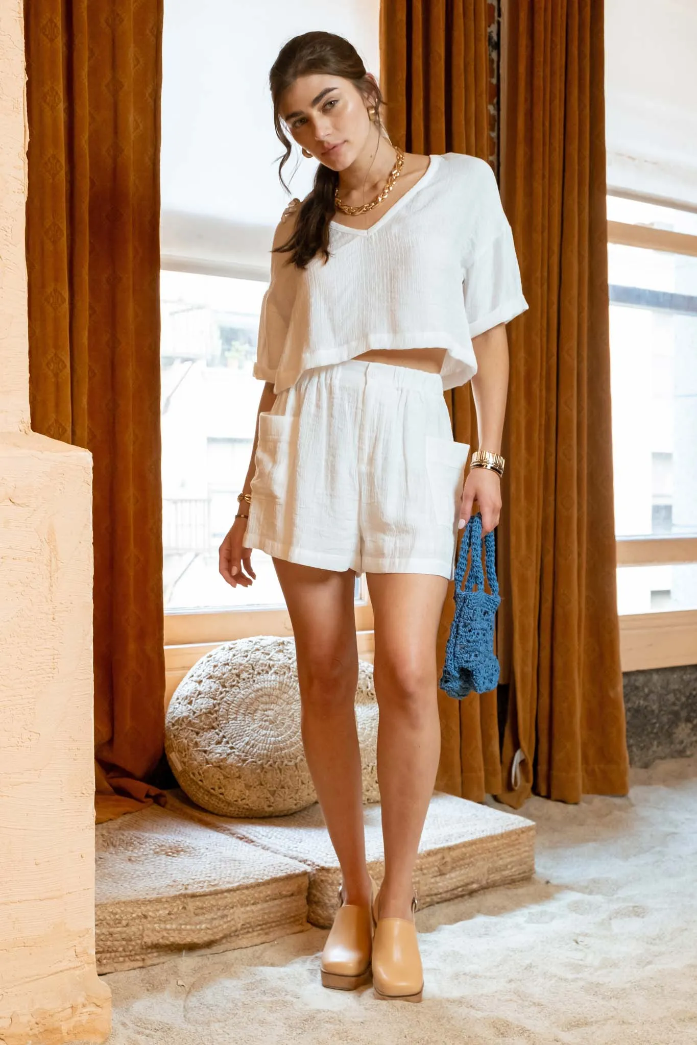 CRINKLE KNIT V NECK BOXY CROP TOP sold by Blu Pepper product image thumbnail 5