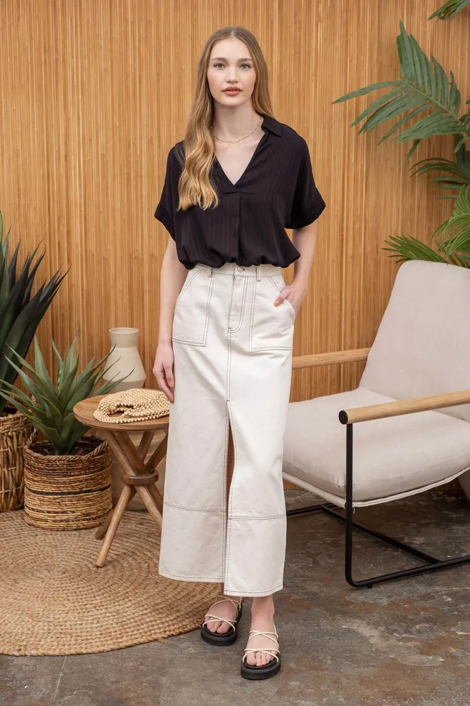 STRIPED COLLARED SPLIT NECK BLOUSE sold by Blu Pepper product image thumbnail 5