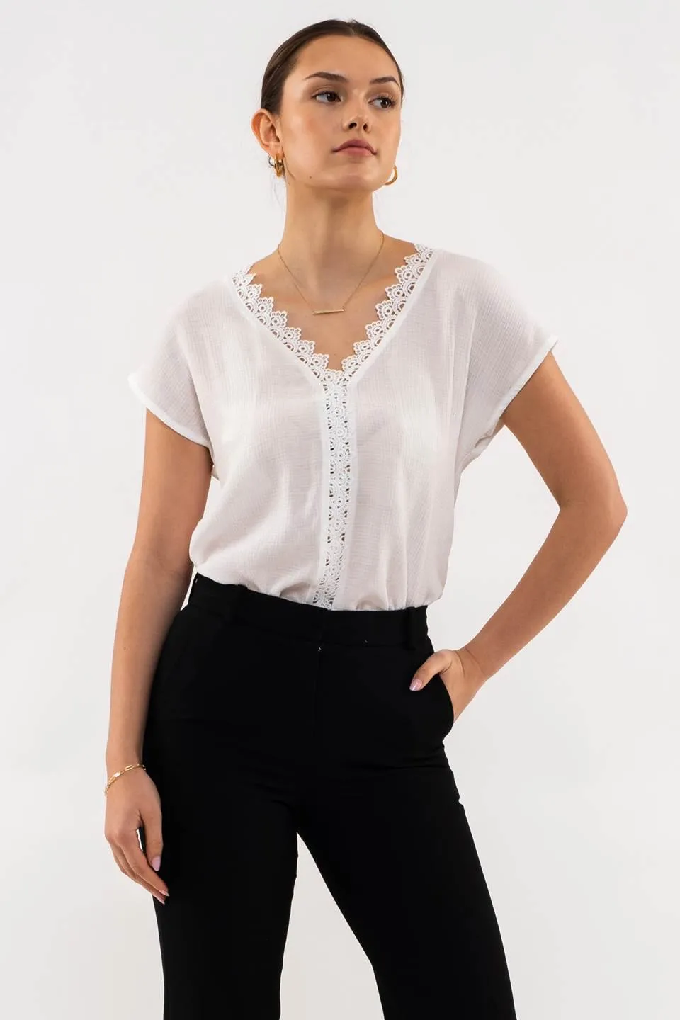LACE EDGE V NECK SHORT SLEEVE BLOUSE sold by Blu Pepper product image thumbnail 4