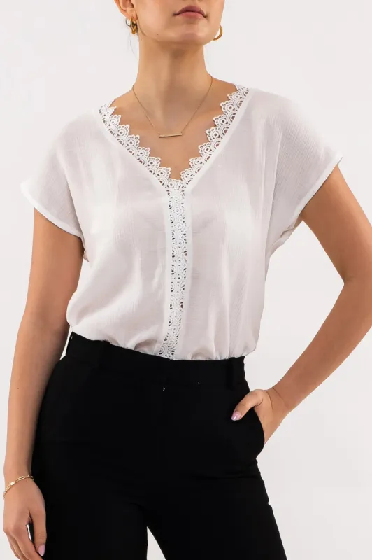 LACE EDGE V NECK SHORT SLEEVE BLOUSE sold by Blu Pepper
